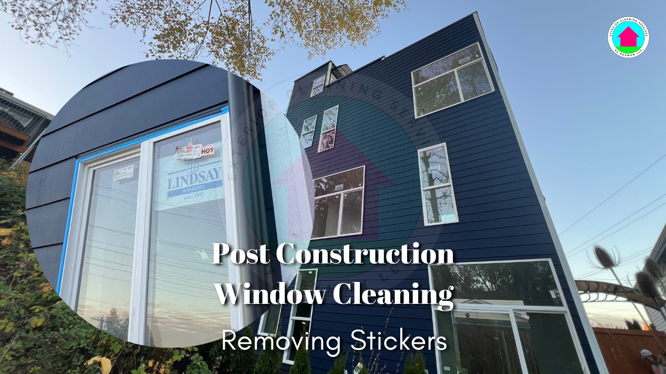 The photo shows the new building after construction the windows have special stickers marking the new windows. The Bekman exterior cleaning company cleans the windows after construction and removes the stickers.